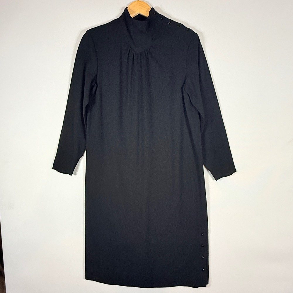 Vintage Oleg Cassini Medium Black Dress Buttons Mock Neck 3/4 Sleeve Classic